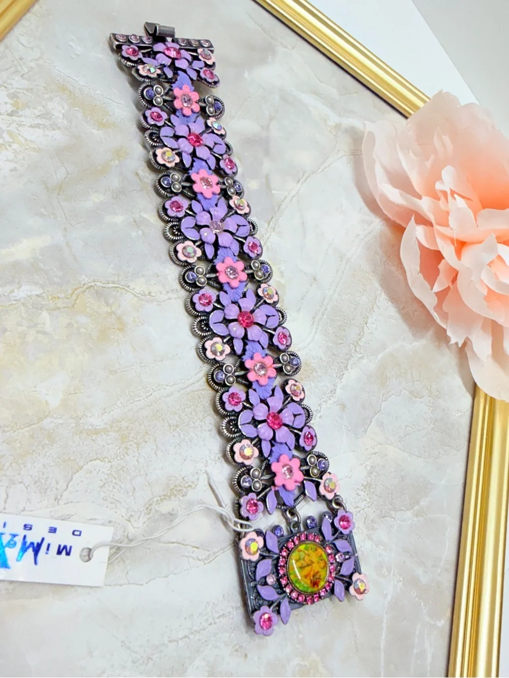 Vintage wide bracelet signet Michal Negrin,Silver purple flowers with crystal